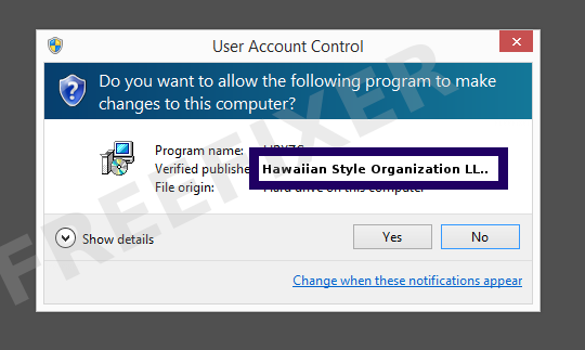 Screenshot where Hawaiian Style Organization LLC appears as the verified publisher in the UAC dialog